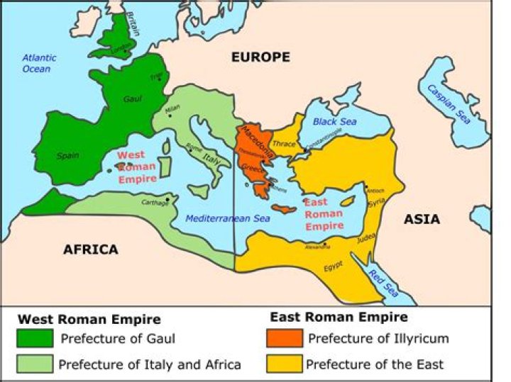When did the Roman Empire split into two parts?